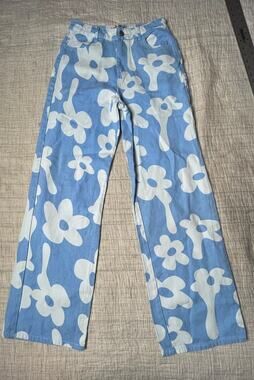 Bailey Rose Blue & White Floral Hippie Boho Wide Leg Denim Jeans Size M - EUC